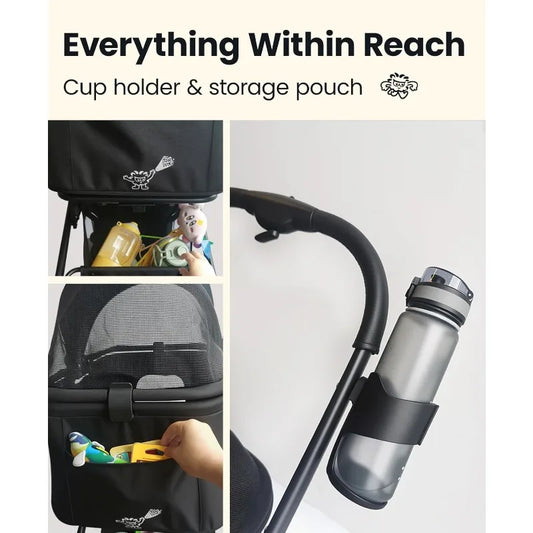 4 Wheels Pet Stroller, Dog Stroller For Small/Medium Dogs And Cats Up To 33 Lbs, One-Click Fold & Draggable, Removable Carrier