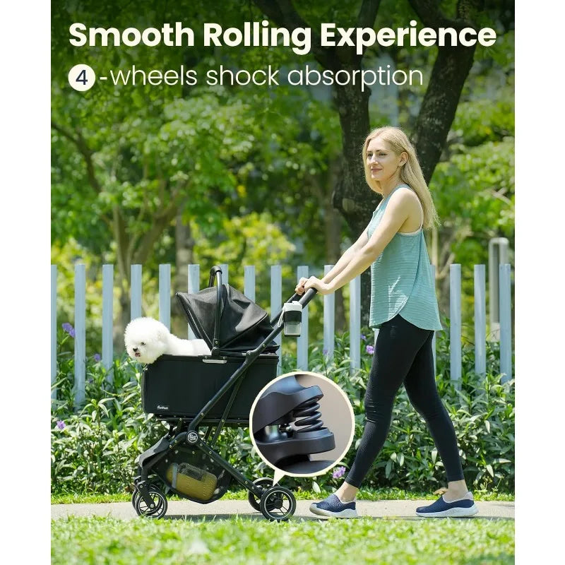 4 Wheels Pet Stroller, Dog Stroller For Small/Medium Dogs And Cats Up To 33 Lbs, One-Click Fold & Draggable, Removable Carrier