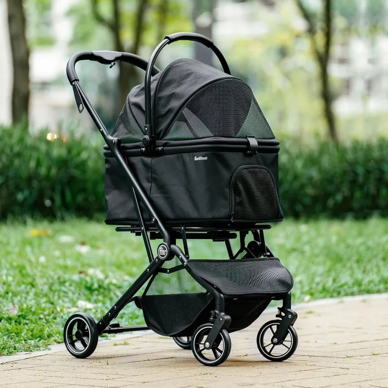 4 Wheels Pet Stroller, Dog Stroller For Small/Medium Dogs And Cats Up To 33 Lbs, One-Click Fold & Draggable, Removable Carrier